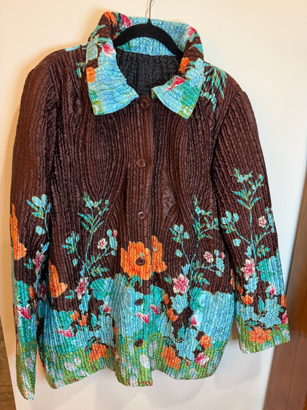 Reversible Floral Puffy Jacket-Brown Side w/Flowers & Black Side w/Floral Collar